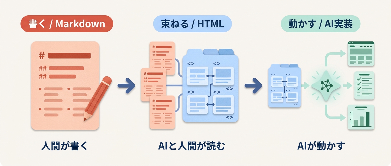 A wide horizontal infographic illustration in editorial flat style on an off-white #FAF6F1 background, divided into three labeled stages connected by smooth right-pointing arrows. The illustration is for a Japanese audience — render all rendered text in clean Japanese kanji and hiragana (Noto Sans JP feel), high legibility, no English subtitles. Stage 1 top label pill reads exactly: '書く / Markdown'. Stage 1 visual: an open notebook-like sheet showing visible Markdown lines — one '#' heading bar, two '##' sub-heading bars, three '-' bullet rows arranged like a real Markdown document — page color soft peach #FFC7B3, a small terracotta #E55345 pencil resting on it. Stage 1 caption underneath reads exactly: '人間が書く'. Stage 2 top label pill reads exactly: '束ねる / HTML'. Stage 2 visual: three small Markdown sheets being collected into a single tabbed document; the cover is sky-blue #B9D6FF showing 4 sectioned blocks with mini connector lines representing structured tags ('<>' marks visible). Stage 2 caption underneath reads exactly: 'AIと人間が読む'. Stage 3 top label pill reads exactly: '動かす / AI実装'. Stage 3 visual: the structured document on the left, an arrow into a small abstract AI symbol shaped like a soft mint #B7E6D6 sparkle node, and three thumbnail outputs on the right — a tiny webpage rectangle, a small checklist for automation, a tiny bar chart for reports — in soft mint #B7E6D6 with deep mint #2A6F50 accents. Stage 3 caption underneath reads exactly: 'AIが動かす'. All elements have subtle paper texture, soft drop shadows, generous rounded corners, friendly editorial illustration style. Brand palette: terracotta #E55345 / peach #FFC7B3 / sky #B9D6FF / mint #B7E6D6 / navy #1F4A8A / off-white #FAF6F1. The only legible text in the entire image are the six Japanese strings listed above ('書く / Markdown', '束ねる / HTML', '動かす / AI実装', '人間が書く', 'AIと人間が読む', 'AIが動かす'); document interiors show only abstract bars and shapes, no real characters. No logos. Japanese characters must be cleanly rendered with balanced kerning and no fragments.